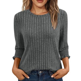 Generic Womens 3/4 Sleeve Tops Lightweight Knitted Jumper Soft Comfy Ladies Crew Neck Blouses Thin Knitted Sweater Casual Pullover Long Sleeve Tops Fall Tees 