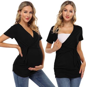 KOJOOIN Maternity Nursing T Shirt Long/Short Sleeve V-Neck Breastfeeding Tops Front Pleat Maternity Clothes Pregnancy Tunic Black-01 XL