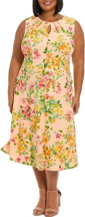 London Times Floral Keyhole Midi Dress in Peach Fuzz/Coral at Nordstrom Rack, Size 24W
