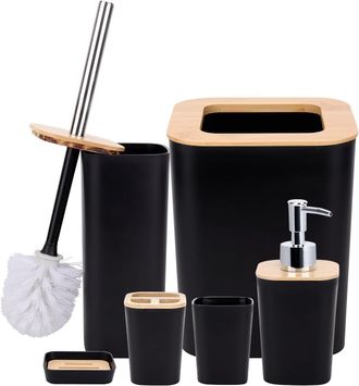 OEM Juego De 6 Accesorios De Ba&ntilde;o De Bamb&uacute;: Botellas De Loci&oacute;n, Jabonera Y Escobilla De Ba&ntilde;o