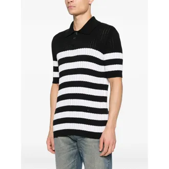 Balmain Striped Ribbed Knit Polo - Black