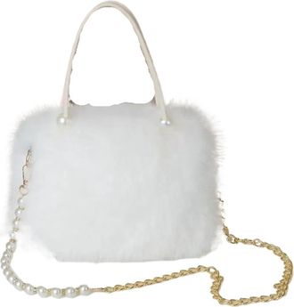 Generic Womens Plush Bags Fluffy Pearl Chain Womens Bag Purses And Handbags Plush Shoulder Underarm Small Square(White)