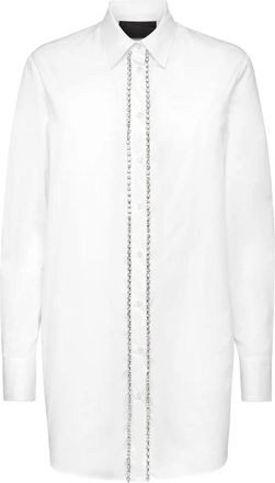 Philipp Plein Shirt Dress Crystal - Dames - Overhemden - Wit - XS - Katoen - Overhemden