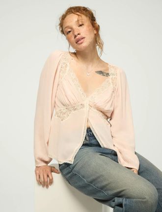 Lucky Brand Womens Long Sleeve Lace Cutaway Top