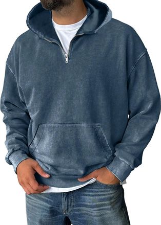 Generic Quarter Zip Pullover Sweatshirts for Men Acid Washed Hoodies Casual Long Sleeve Hoody Tops Fall Winter Distressed Hooded Sweatshirts Navy