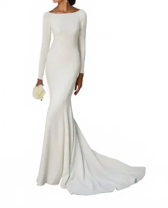 Justin Alexander Crepe Long Sleeve Wedding Dress With Beaded Illusion Back In Ivory