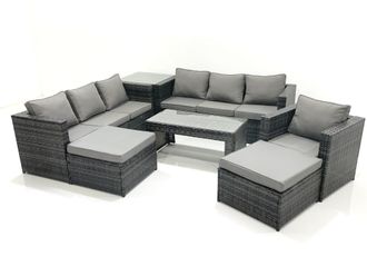 Fimous 9 Seater Rattan Garden Outdoor Furniture Set with 3 Seater Sofa Coffee Table 2 Big Footstool Side table in Dark Grey