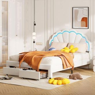 OEM Cama 140x200 Cm De Terciopelo Blanco Led Con Cajones Y Somier De Lamas - Marco Doble Escandinavo
