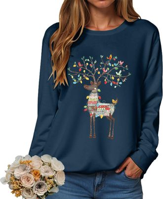 Generic Christmas Sweatshirts Women Women Reindeer Graphic Print Jumper Chrtistmas Tree Graphic Print Jumper Plus Size Crew Neck Sweatshirts Holiday Pullover 