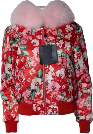 Philipp Plein Philipp Plein, red orchid printed bomber with fur