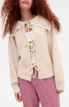 BDG Lace Trim Tie Front Cardigan in Cream at Nordstrom, Size X-Small