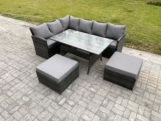 Fimous 8 Seater Outdoor Rattan Garden Furniture Set with Rectangular Dining Table 2 Big Footstool Patio Wicker Corner Sofa Set in Dark Grey