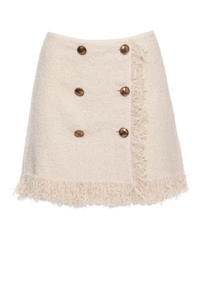 Elisabetta Franchi Beige Mini Skirt With Logo-Embossed Buttons And Fringed Hem