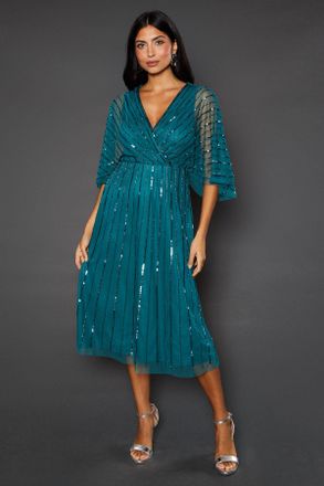 Wallis Womens Petite Occasion Embellished Cape Midi Dress - Green - Size 14 UK