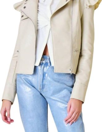 FORE COLLECTION Pleather Ruffle Moto Jacket In Beige
