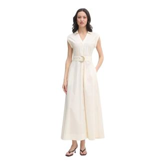Gaud&igrave; Midi jurk met V-hals en ceintuur - Dames - Jurken - Beige - Maat: L Katoen
