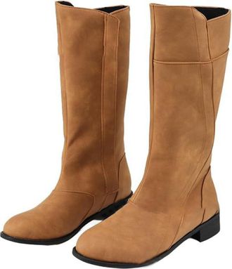 Generic Mens Faux Leather Knee High Boots Round Toe Riding Boots with Side Zipper Flat Heel Wide Leg Tall Boot,Brown,5.5 UK