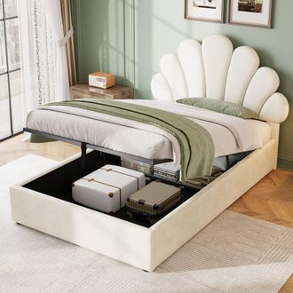 Matteo Single Upholstered Bed with Petal Headboard & Hydraulic Storage, Beige