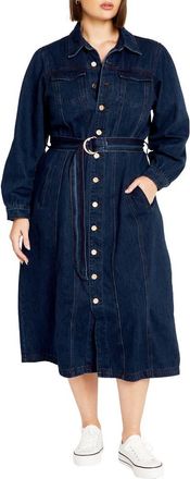 City Chic Oaklyn Belted Long Sleeve Denim Dress in Mid Denim at Nordstrom, Size Xxl