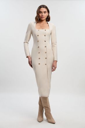 Karen Millen Womens Figure Form Woven Mix Military Button Blazer Knit Midi Dress - Beige - Size X-Small