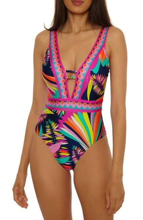 Trina Turk Paralia Plunge One-Piece Swimsuit in Black Multi at Nordstrom, Size 12