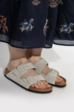 Birkenstock Arizona Cushion Buckle Suede Slides, Womens, Cream