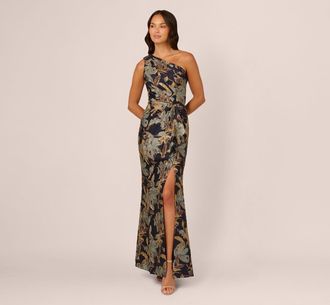 Adrianna Papell One Shoulder Jacquard Dress In Blue Gold