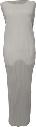 Issey Miyake Pleats Please Sleeveless Midi Dress in Light Grey Polyester