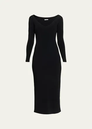 FFORME Lottie Wide V-Neck Ribbed Long-Sleeve Midi Dress
