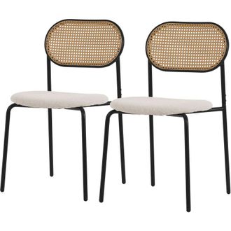 ML Design Set di 2 Sedie per Sala da Pranzo Telaio in Acciaio con Schienale in Rattan pe Seduta Confortevole Imbottita Beige Sedia Ergonomica per Cucina Gambe