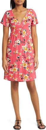 Loveappella Floral Tie Back Surplice V-Neck Knit Minidress in Coral at Nordstrom, Size X-Small