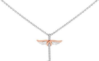 House of Brilliance 14K Rose Gold Plated Sterling Silver 1/5 Cttw Diamond Wing Cross Pendant Necklace in White Gold Over Silver at Nordstrom