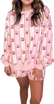 Peach Love California Cherry Bow Stripe Lounge Set In Pink/ White