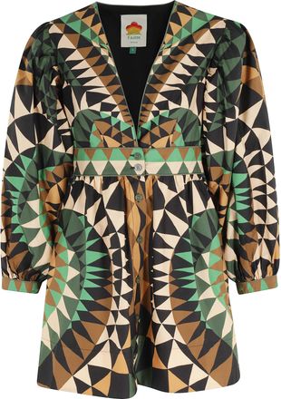 Farm Rio Green Heart Deco Deep V-Neck Viscose Mini Dress