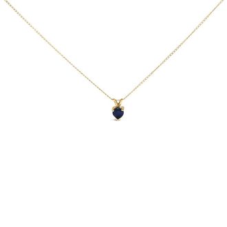 House of Brilliance 14K Yellow Gold 5X5 MM Heart Shaped Blue Sapphire Solitaire Pendant Necklace