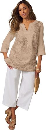 Jessica London Linen V Neck Embroidered Tunic in New Khaki Leaf Embroidery at Nordstrom, Size 12
