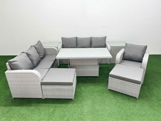 Fimous 9 Seater Poly Rattan Outdoor Garden Furniture Adjustable Lifting Dining or Coffee Table Sofa Set Patio 3 Seater Sofa Reclining Chair 3 Seater