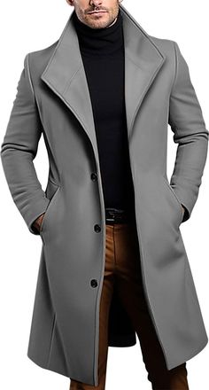 Generic Mens Trench Coat Long Jacket Notch Collar Trench Single Breasted Winter Warm Outerwear Casual Warm Outdoor Tweed Jacket