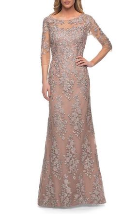 La Femme Floral Column Gown in Champagne at Nordstrom, Size 14