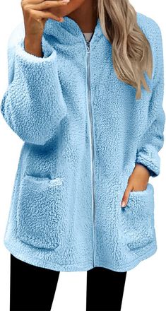 Generic Winter Jackets Fluffy Hoodies Women Comfortable Sherpa Soft Plush Coral Hooded Casual Full Zip Pockets Jackets Loose Long Tops Warm Fleece Solid Coats