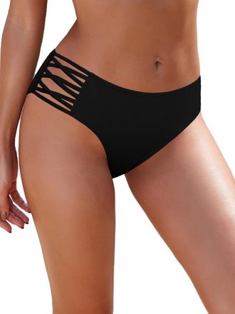 SHEKINI Strappy Bikini Bottoms for Women Mid Rise Swim Briefs Modest Bathing Suit Bottom, Black, X-Large
