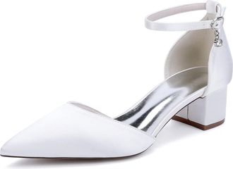 Generic Bridal Bridesmaid Wedding Shoes Womens Pointed Toe Ankle Strap Heels Block Heel Prom Party Dress Rhinestone Low Heels 4.5Cm,White,10 UK