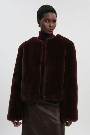 Karen Millen Womens Collarless Faux Fur Jacket - Chocolate - Size 12 UK
