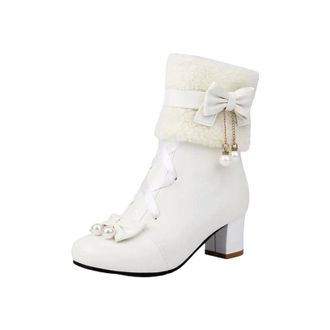 Generic Womens Ankle Boots Round Toe Medium Square Heel With Side Zipper Butterfly-Knot And Pearl Cutout Details