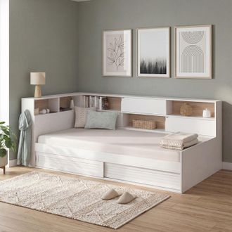 IDMarket Cama Individual Timothee Con Espacio De Almacenamiento, Cabecero Con Huecos Y Somier De 90 X 190 Cm, En Blanco Y Haya
