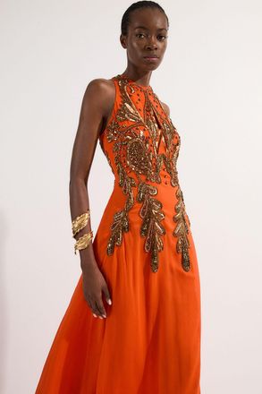 Karen Millen Womens Halter Neck Bugle Bead Detail Woven Maxi Dress - Orange - Size 10 UK