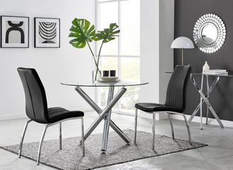 Furniturebox Selina Round Glass Chrome Leg Dining Table & Isco Chairs in Black | Size: 4 Person
