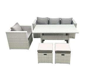 Fimous Garden Dining Set Outdoor Rattan Furniture Set with Sofa Dining Table Small Footstools Light Grey Mixed