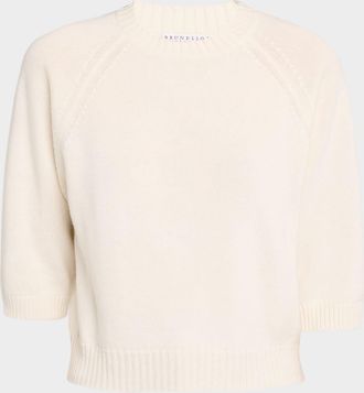 Brunello Cucinelli Shetland Cashmere Knit 3/4-Sleeve Crewneck Sweater