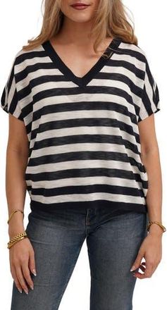 Cyrus Striped V Neck Cap Sleeve Sweater in Eclipse/Bone at Nordstrom Rack, Size X-Small